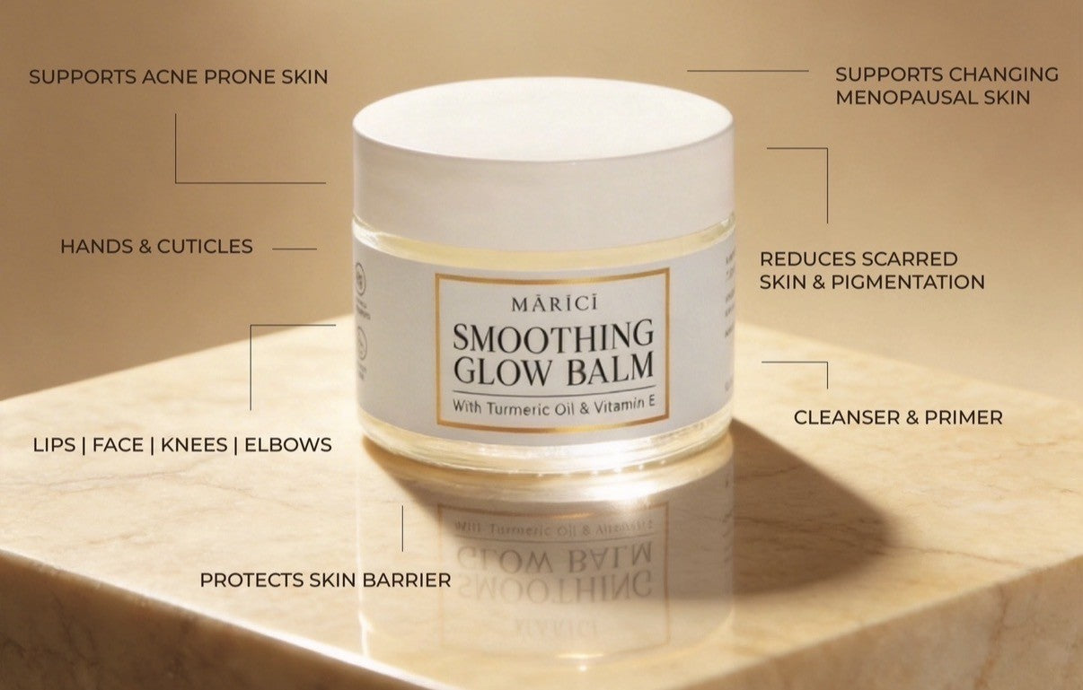 Jar of Marici Smoothing Glow Balm on a wooden surface with text highlighting benefits.